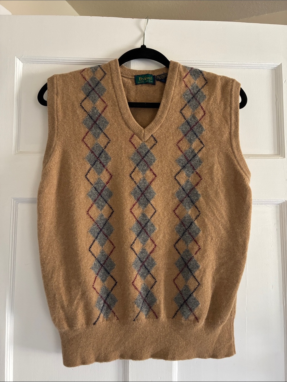 Camel Argyle 100% Lambs Wool  V-Neck Sweater Vest Size L